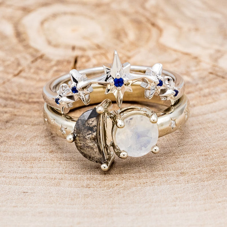 "SIDRA" - TOI ET MOI ROUND MOONSTONE ENGAGEMENT RING WITH A CRESCENT MOON SALT & PEPPER DIAMOND ACCENT & TRACER-4