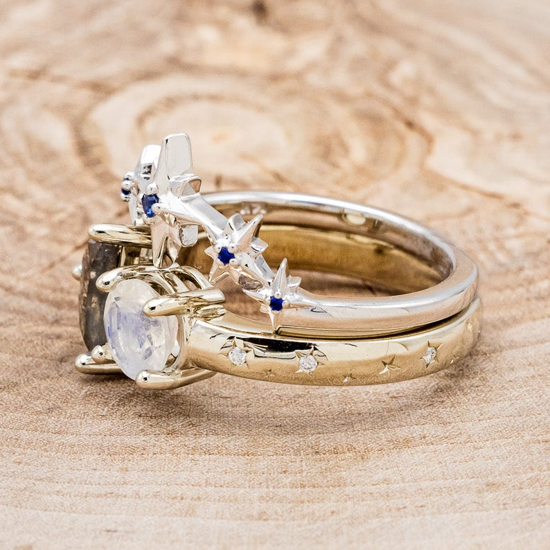 "SIDRA" - TOI ET MOI ROUND MOONSTONE ENGAGEMENT RING WITH A CRESCENT MOON SALT & PEPPER DIAMOND ACCENT & TRACER-3