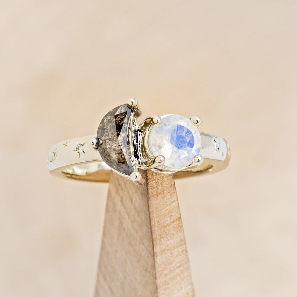 "SIDRA" - TOI ET MOI ROUND MOONSTONE ENGAGEMENT RING WITH A CRESCENT MOON SALT & PEPPER DIAMOND ACCENT & TRACER-7