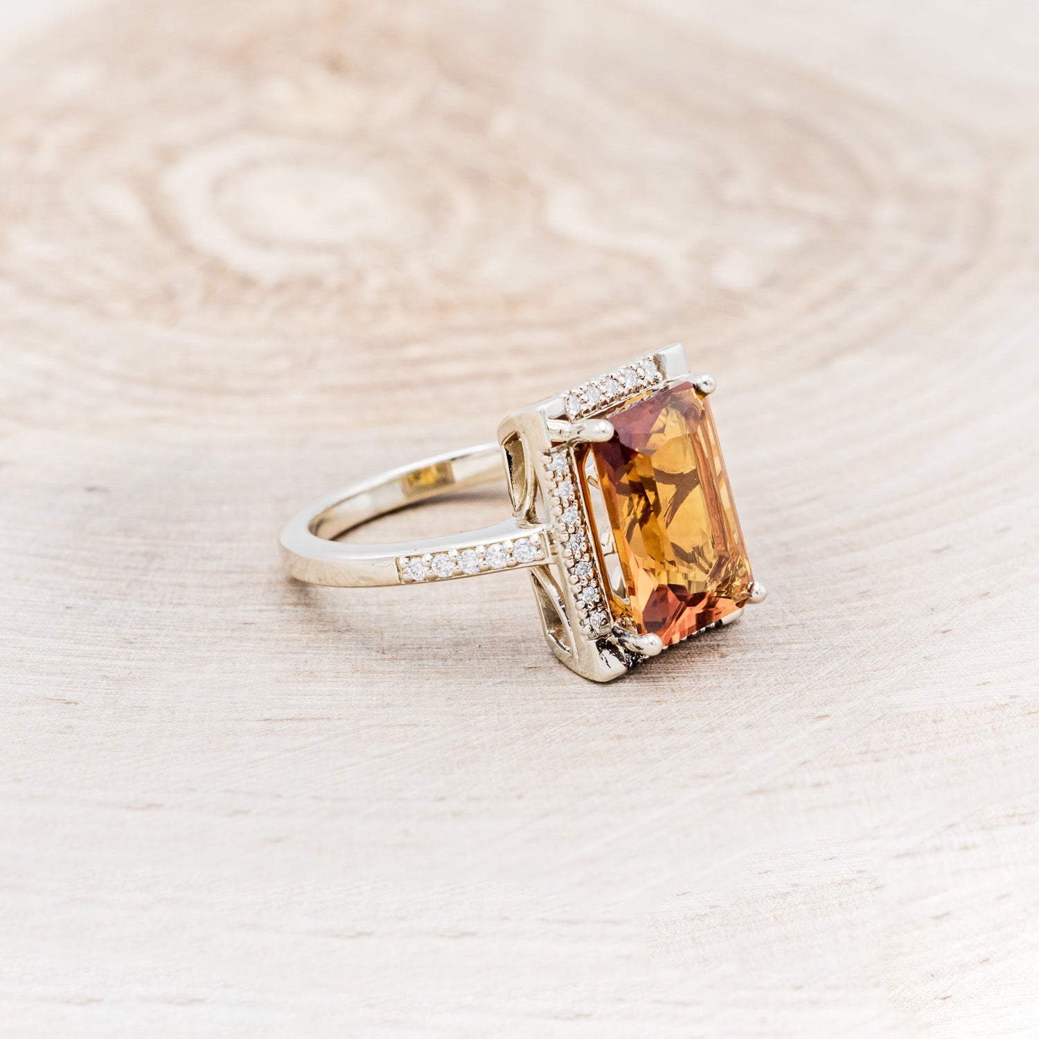 "SIENNA" - EMERALD CUT MADEIRA CITRINE ENGAGEMENT RING WITH DIAMOND HALO & ACCENTS-7