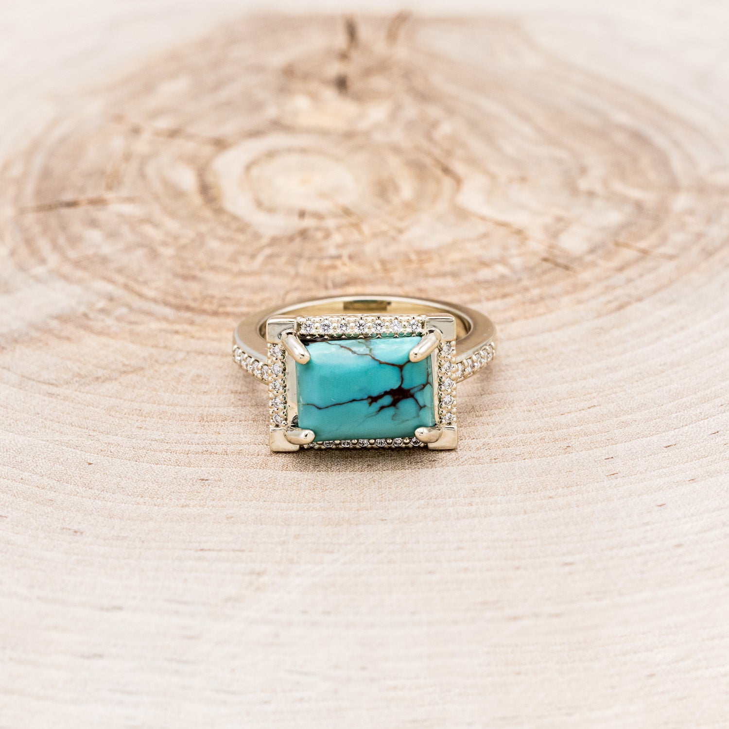 "SIENNA" - EMERALD CUT TURQUOISE ENGAGEMENT RING WITH DIAMOND HALO & ACCENTS-4