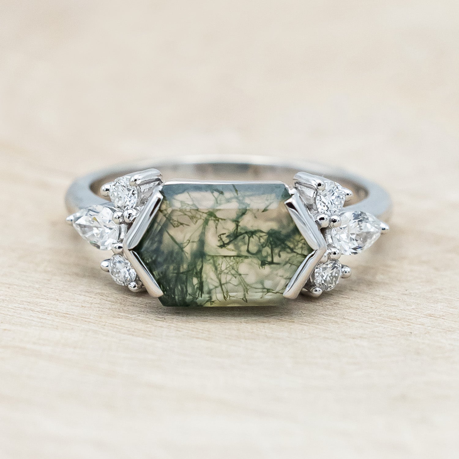 "SILVIA" - ELONGATED HEXAGON MOSS AGATE ENGAGEMENT RING WITH DIAMOND ACCENTS-Staghead Designs