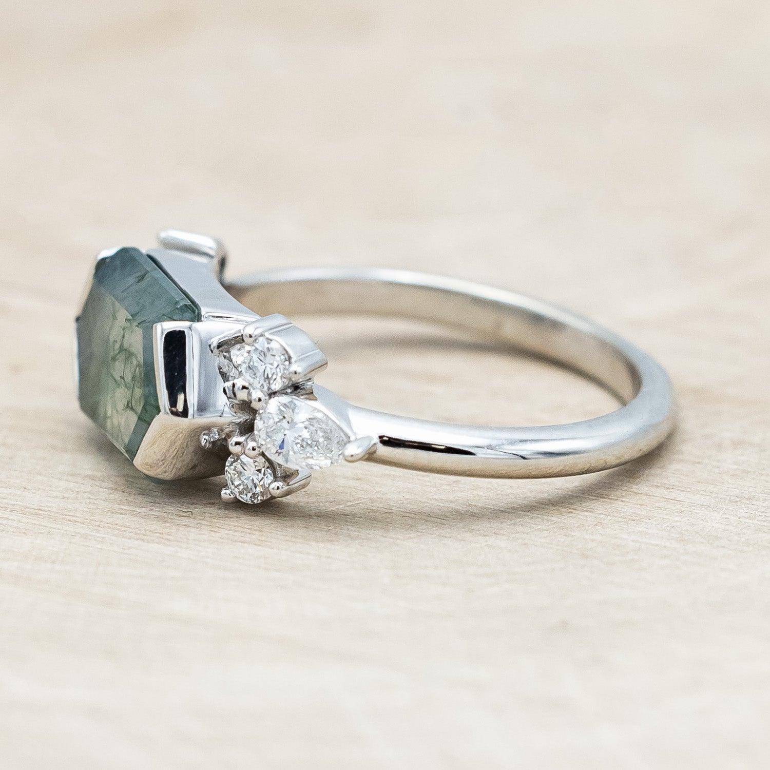 "SILVIA" - ELONGATED HEXAGON MOSS AGATE ENGAGEMENT RING WITH DIAMOND ACCENTS-Staghead Designs