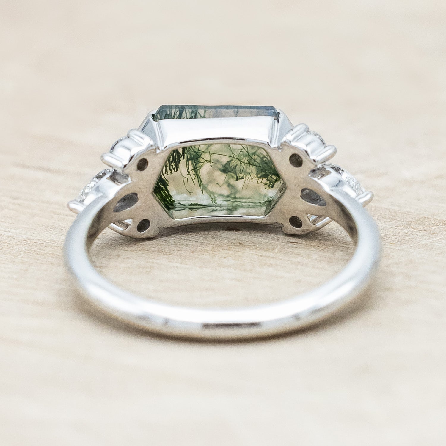 "SILVIA" - ELONGATED HEXAGON MOSS AGATE ENGAGEMENT RING WITH DIAMOND ACCENTS-Staghead Designs