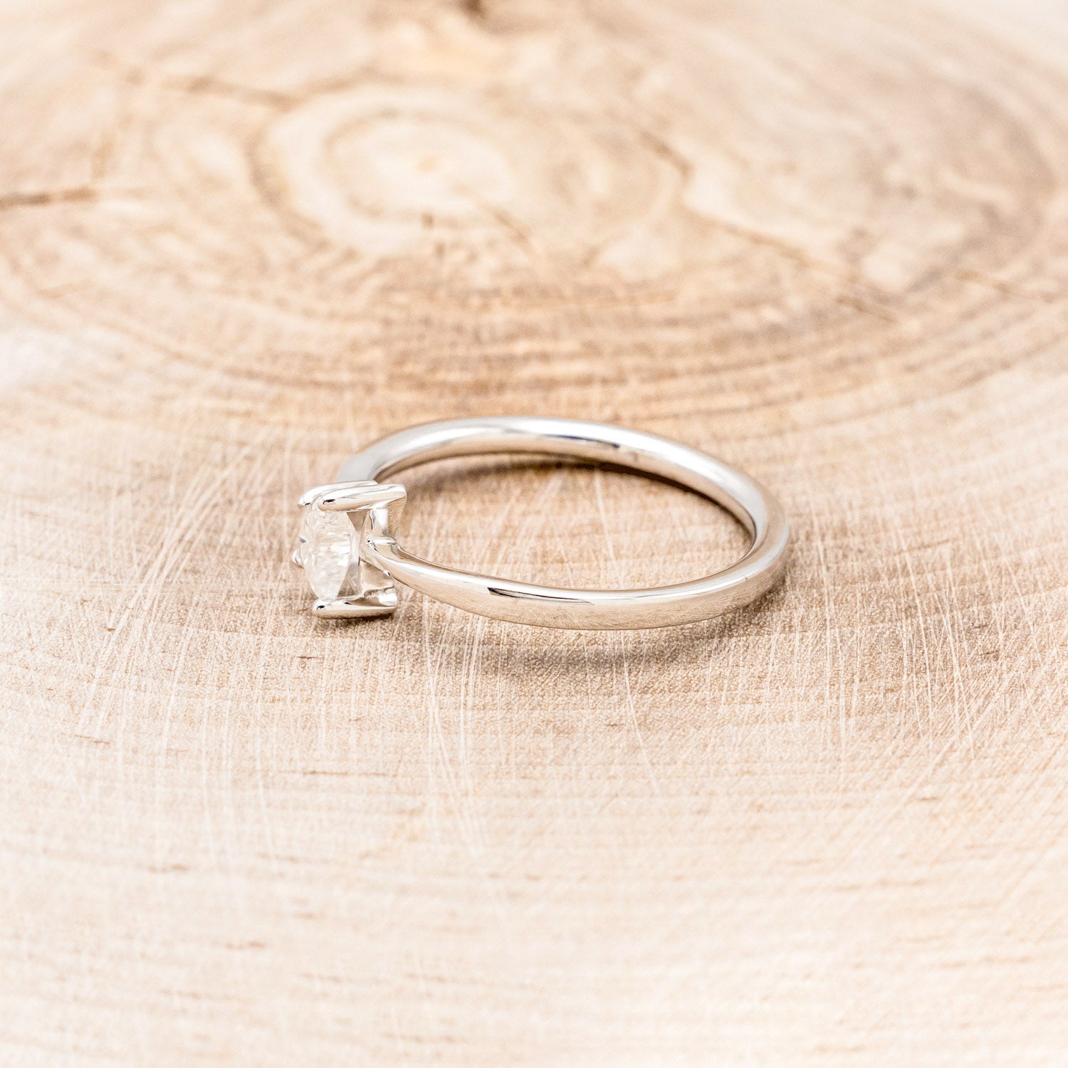 DAINTY SOLITAIRE ENGAGEMENT RING WITH A CRESCENT CUT MOISSANITE CENTER STONE-Staghead Designs