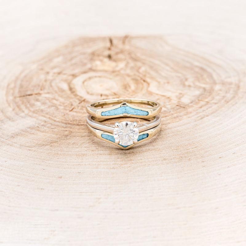 ROUND CUT MOISSANITE SOLITAIRE ENGAGEMENT RING WITH "ZUNI" TURQUOISE RING GUARD