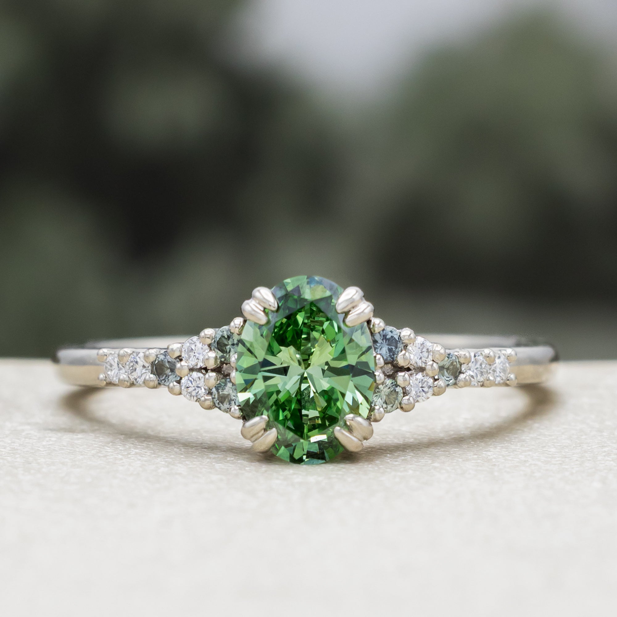 "Soluna" - Engagement Ring Featuring Montana Sapphire & Diamond Accents With Crescent Moissanite Ring Guard - Select Your Own Stone-Staghead Designs
