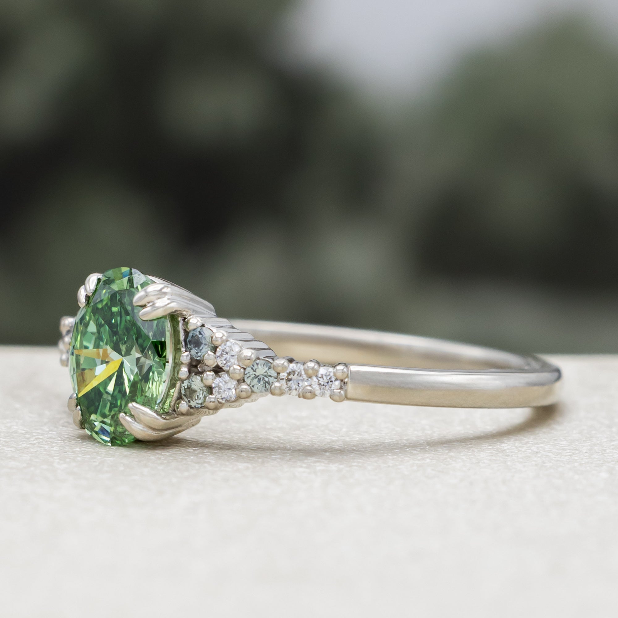 "Soluna" - Engagement Ring Featuring Montana Sapphire & Diamond Accents With Crescent Moissanite Ring Guard - Select Your Own Stone-Staghead Designs