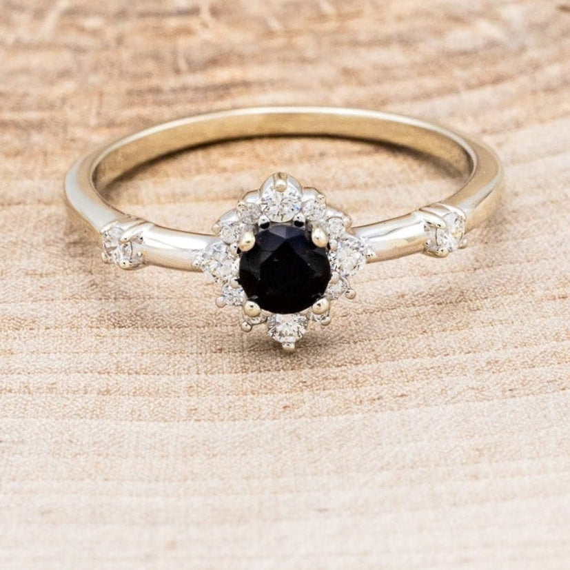 "STARLA" - ROUND CUT ONYX ENGAGEMENT RING WITH STARBURST DIAMOND HALO-4