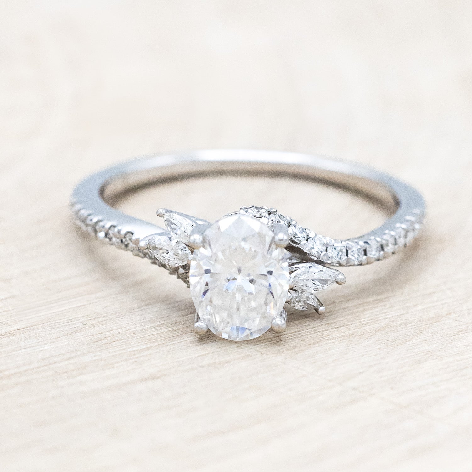 "SWAN" - OVAL MOISSANITE ENGAGEMENT RING WITH DIAMOND ACCENTS-Staghead Designs