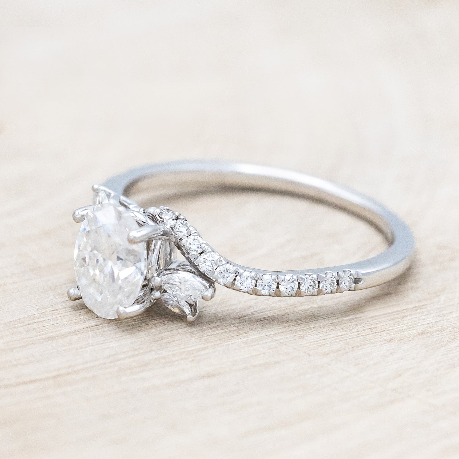 "SWAN" - OVAL MOISSANITE ENGAGEMENT RING WITH DIAMOND ACCENTS-Staghead Designs