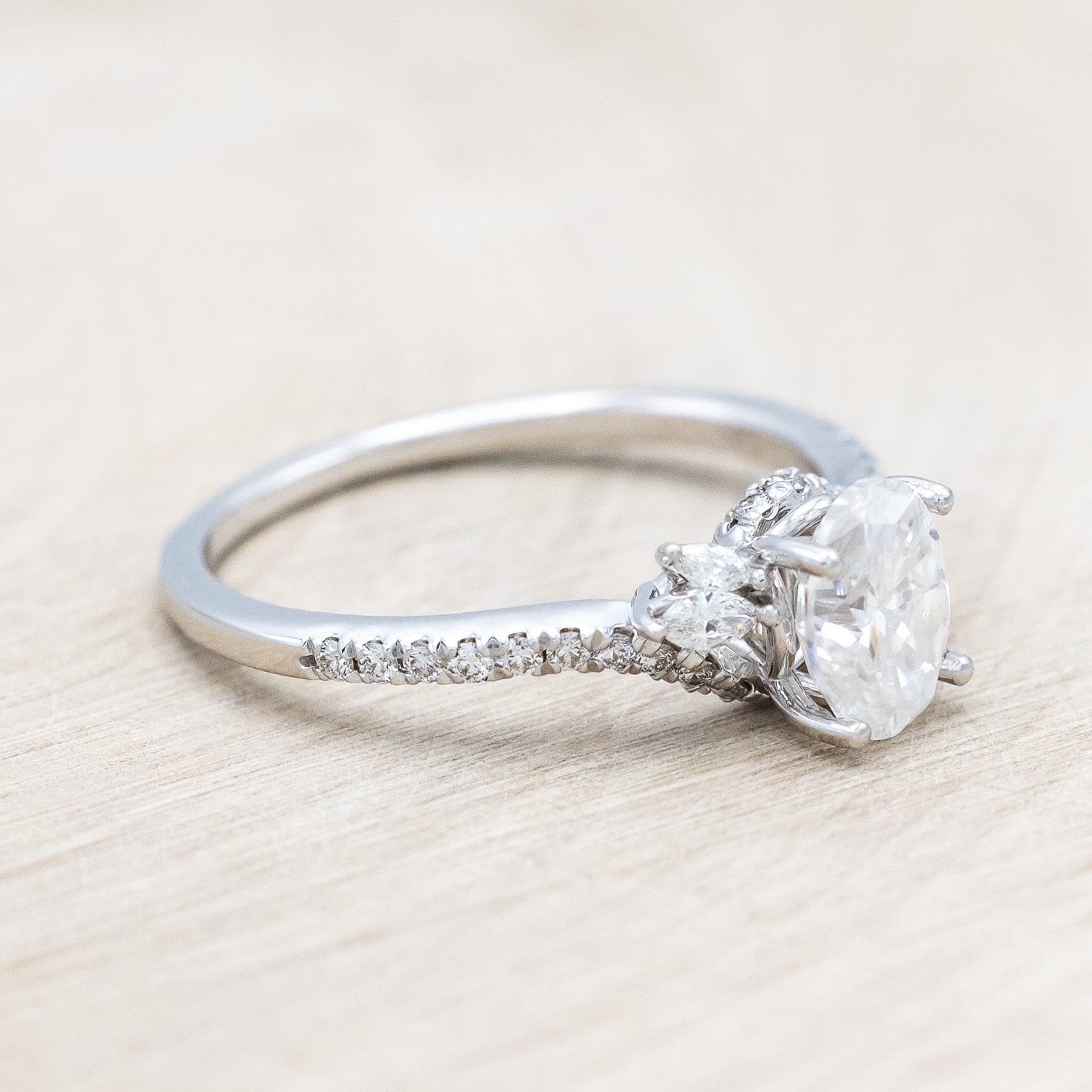 "SWAN" - OVAL MOISSANITE ENGAGEMENT RING WITH DIAMOND ACCENTS-Staghead Designs