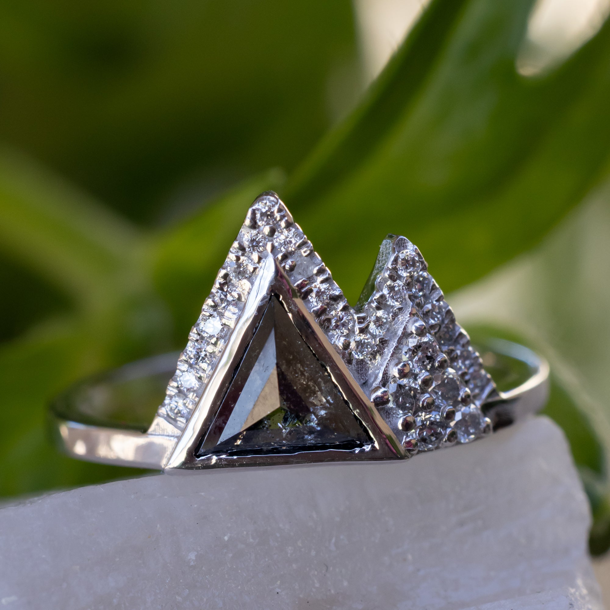 "TABEI" - TRIANGLE ROSE CUT SALT & PEPPER DIAMOND MOUNTAIN ENGAGEMENT RING-Staghead Designs
