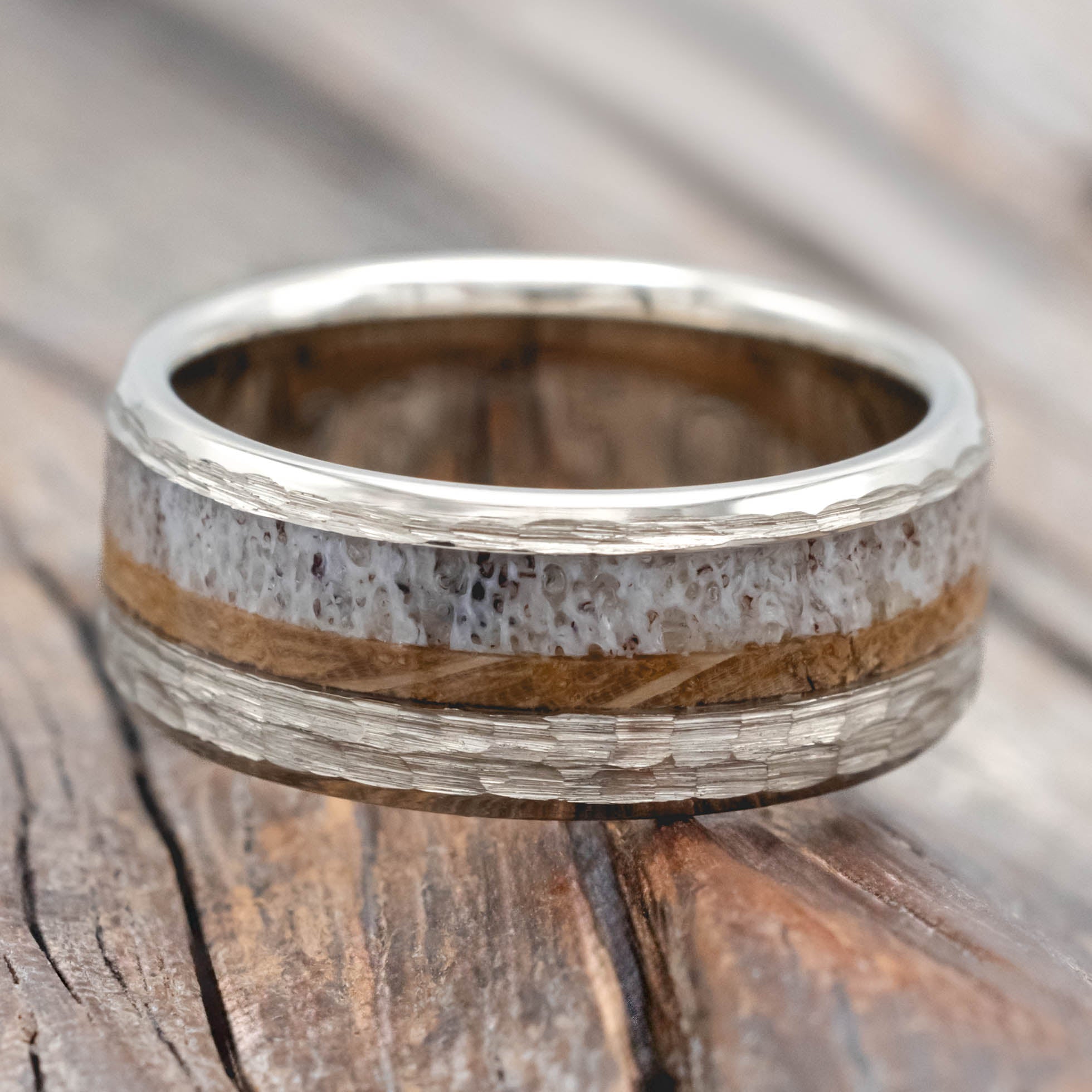 "TANNER" - WHISKEY BARREL OAK & ANTLER WEDDING BAND WITH A HAMMERED FINISH-Staghead Designs