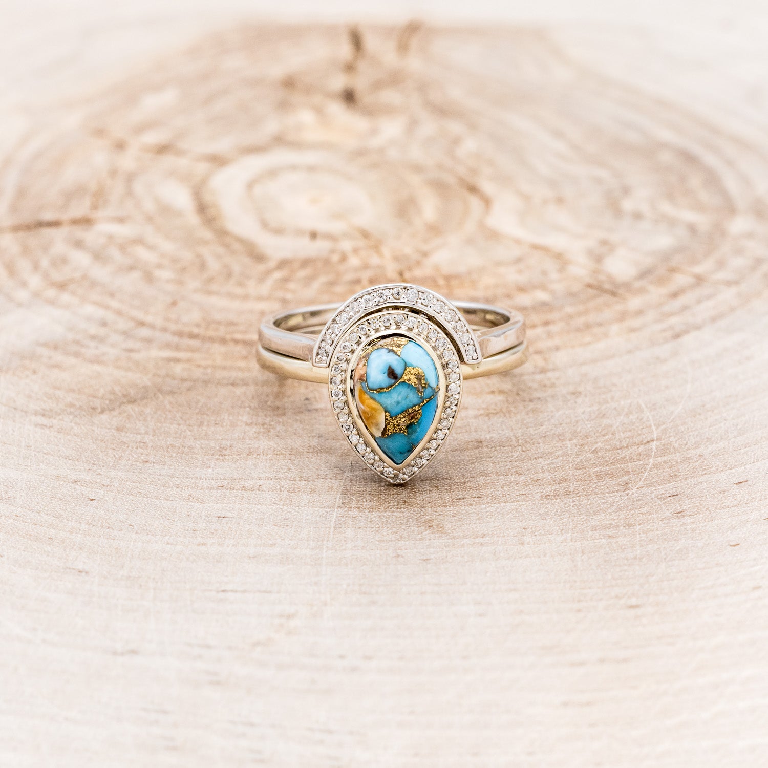 "TERRA" BRIDAL SUITE - PEAR-SHAPED TURQUOISE ENGAGEMENT RING WITH DIAMOND HALO & TRACERS-10