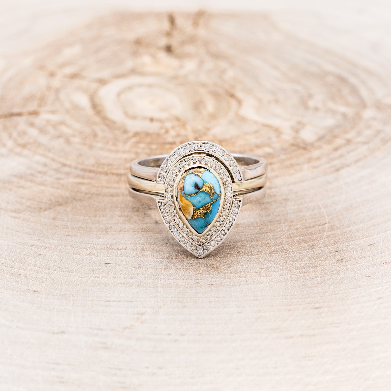 "TERRA" BRIDAL SUITE - PEAR-SHAPED TURQUOISE ENGAGEMENT RING WITH DIAMOND HALO & TRACERS-4