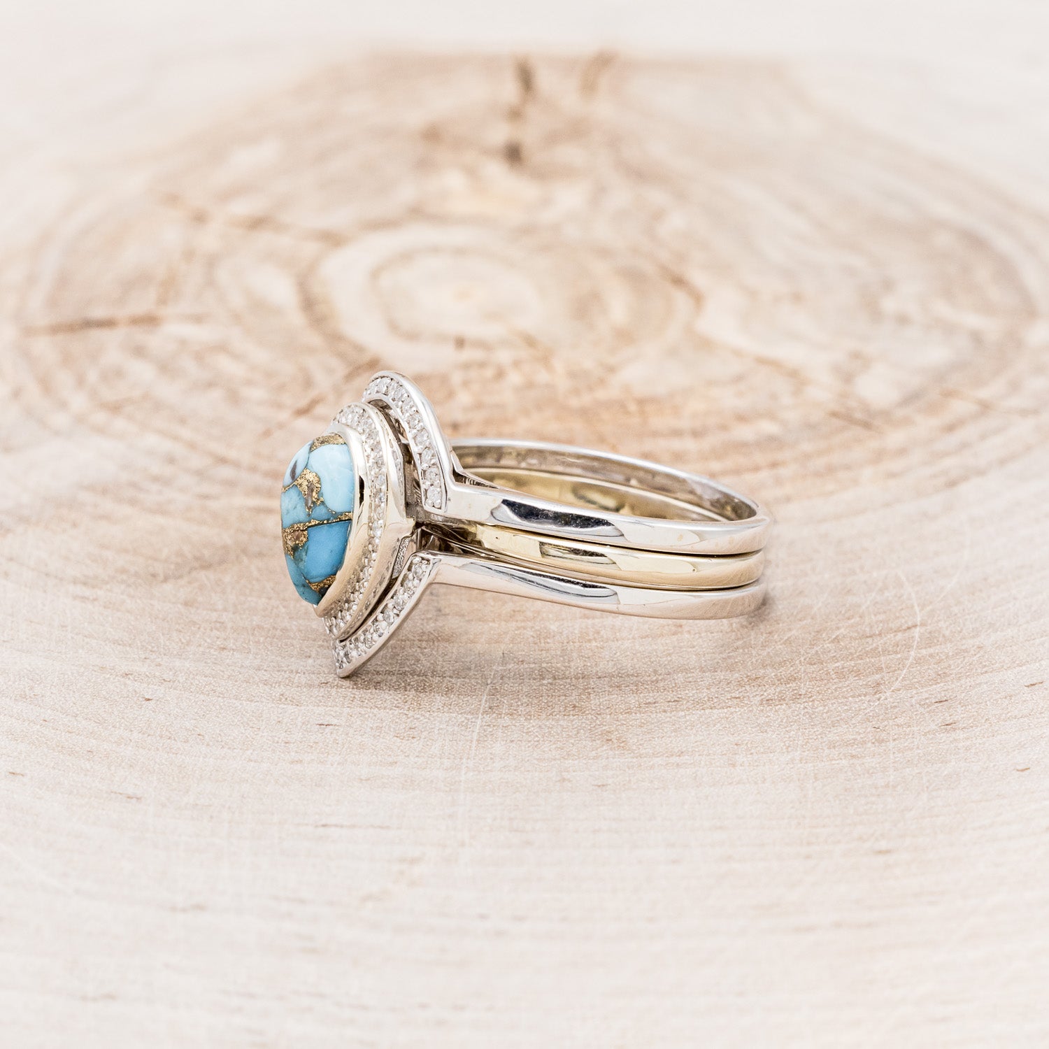 "TERRA" BRIDAL SUITE - PEAR-SHAPED TURQUOISE ENGAGEMENT RING WITH DIAMOND HALO & TRACERS-3