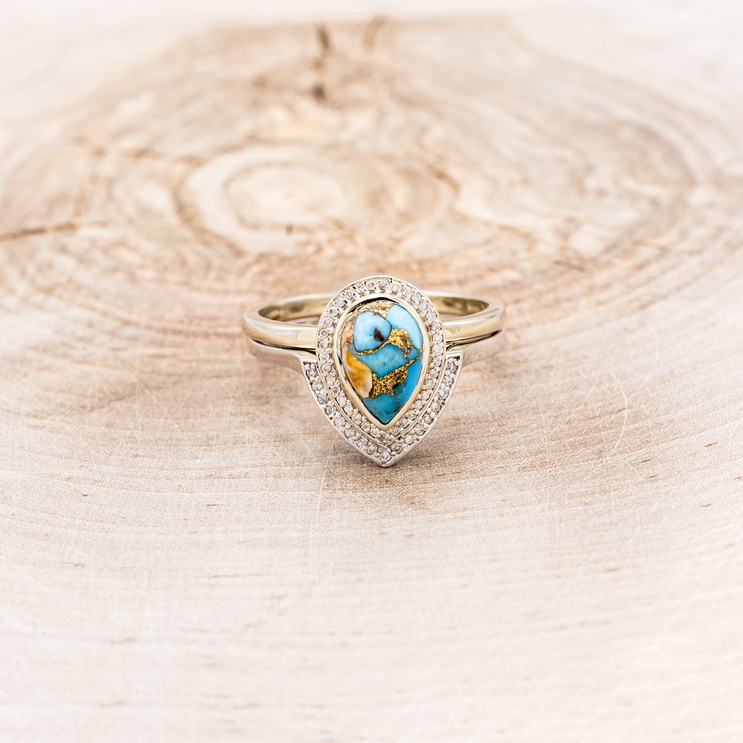 "TERRA" BRIDAL SUITE - PEAR-SHAPED TURQUOISE ENGAGEMENT RING WITH DIAMOND HALO & TRACERS-16