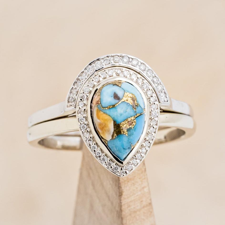 "TERRA" BRIDAL SUITE - PEAR-SHAPED TURQUOISE ENGAGEMENT RING WITH DIAMOND HALO & TRACERS-7