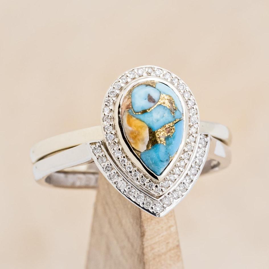 "TERRA" BRIDAL SUITE - PEAR-SHAPED TURQUOISE ENGAGEMENT RING WITH DIAMOND HALO & TRACERS-13