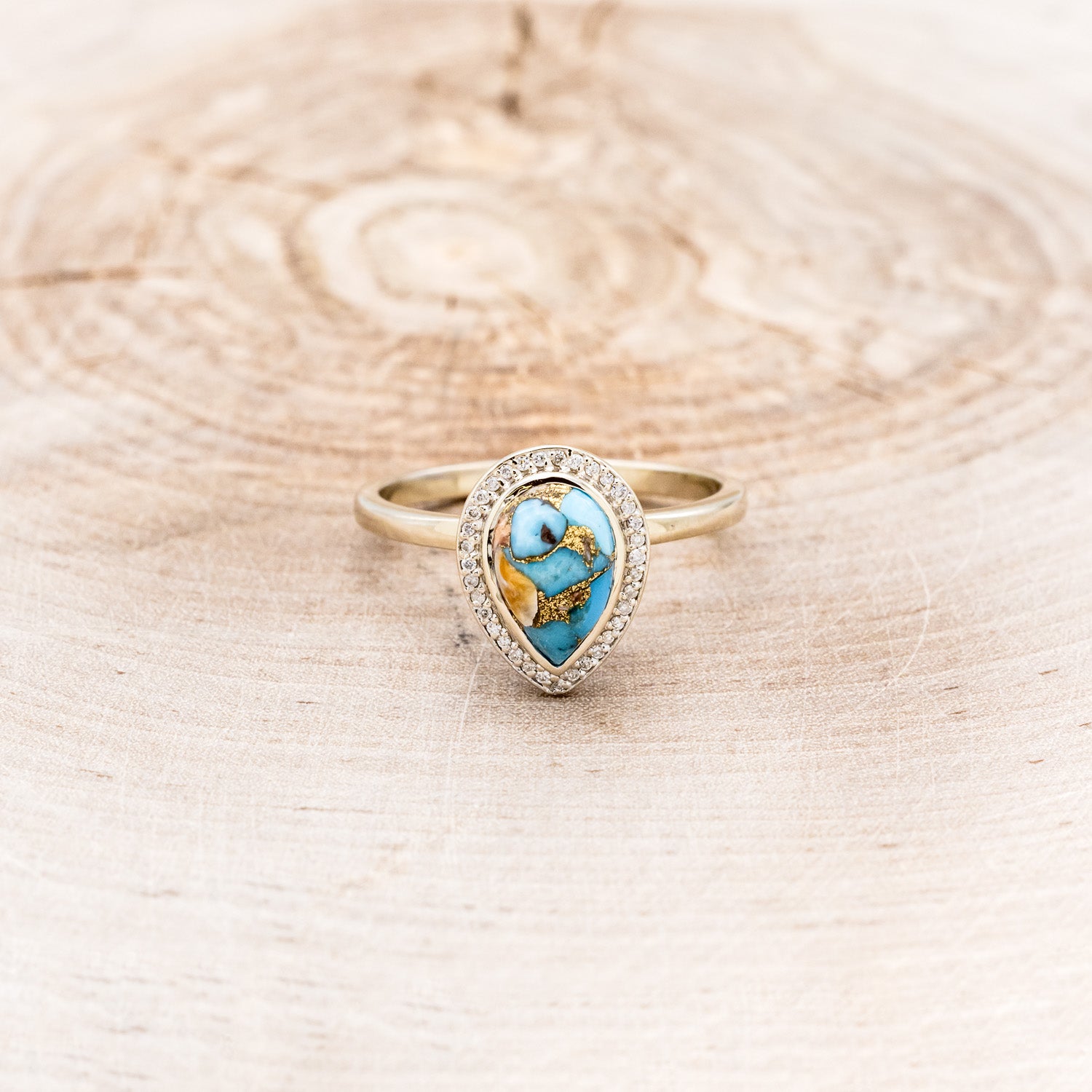 "TERRA" BRIDAL SUITE - PEAR-SHAPED TURQUOISE ENGAGEMENT RING WITH DIAMOND HALO & TRACERS-22