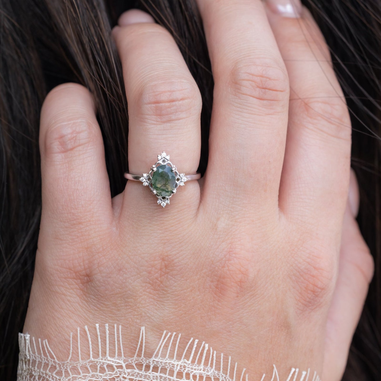 "TREVA" - OVAL CUT ENGAGEMENT RING WITH DIAMOND ACCENTS & "MELODY" TRACER-Staghead Designs