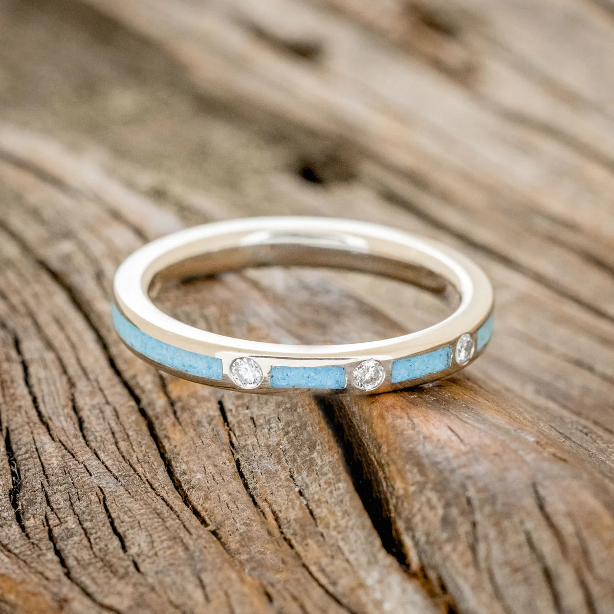 Diamond Stacking Band With Turquoise Inlays - 14K White Gold - Size 7