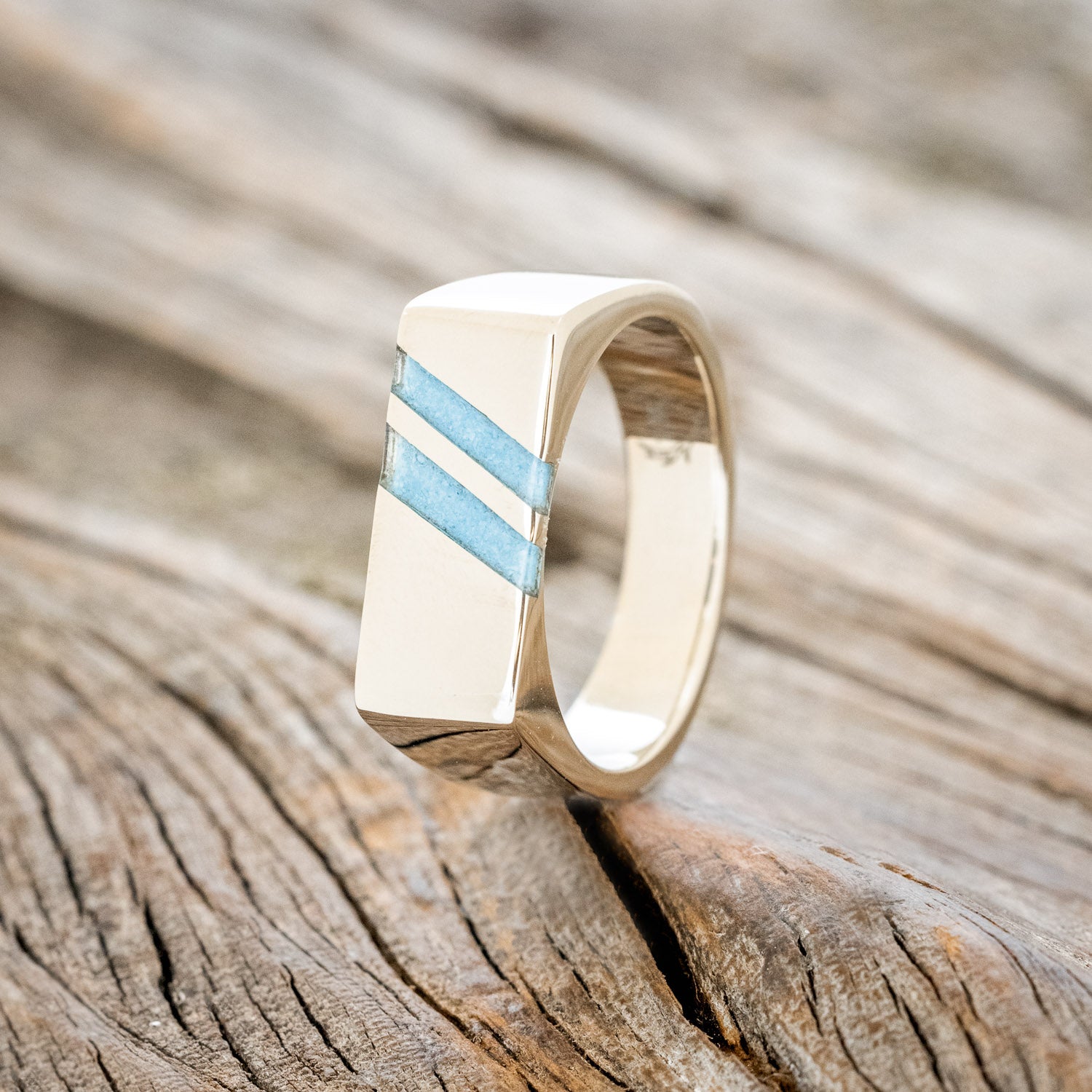 "TWAIN" - FLAT TOP WEDDING RING FEATURING DIAGONAL TURQUOISE INLAYS-5