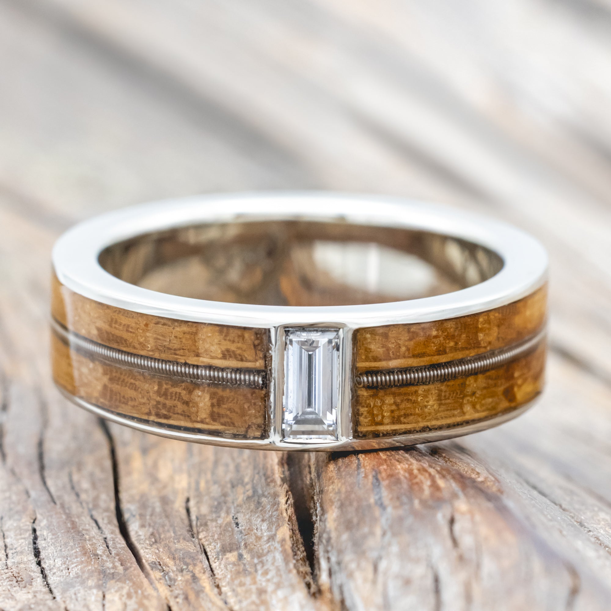 "Vaughan" - Guitar String & Whiskey Barrel Oak Wedding Ring With Lab-Grown Baguette Cut Diamond-Staghead Designs