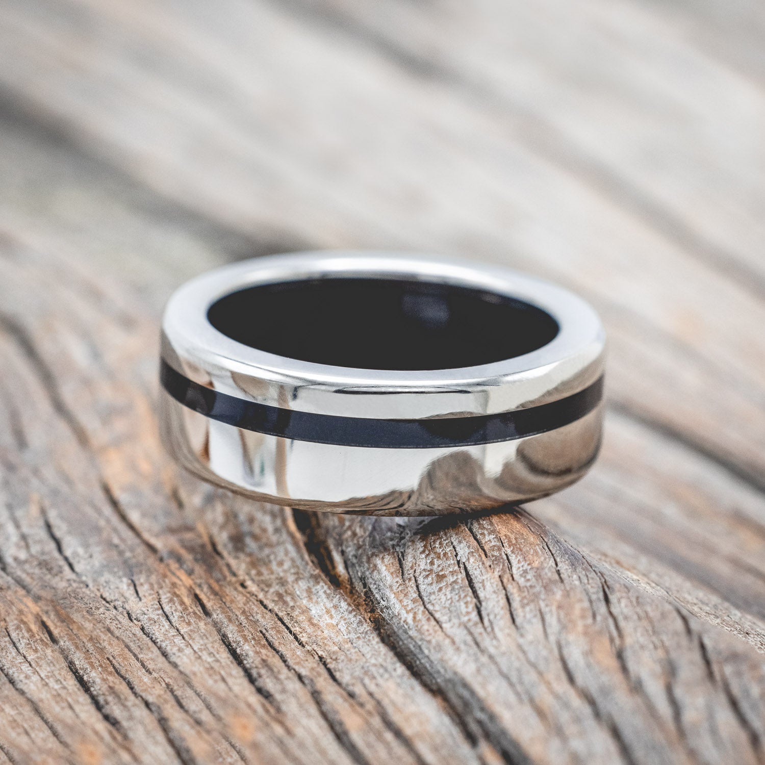 "VERTIGO" - JET STONE LINING & INLAY WEDDING BAND FEATURING A 14K GOLD BAND-Staghead Designs