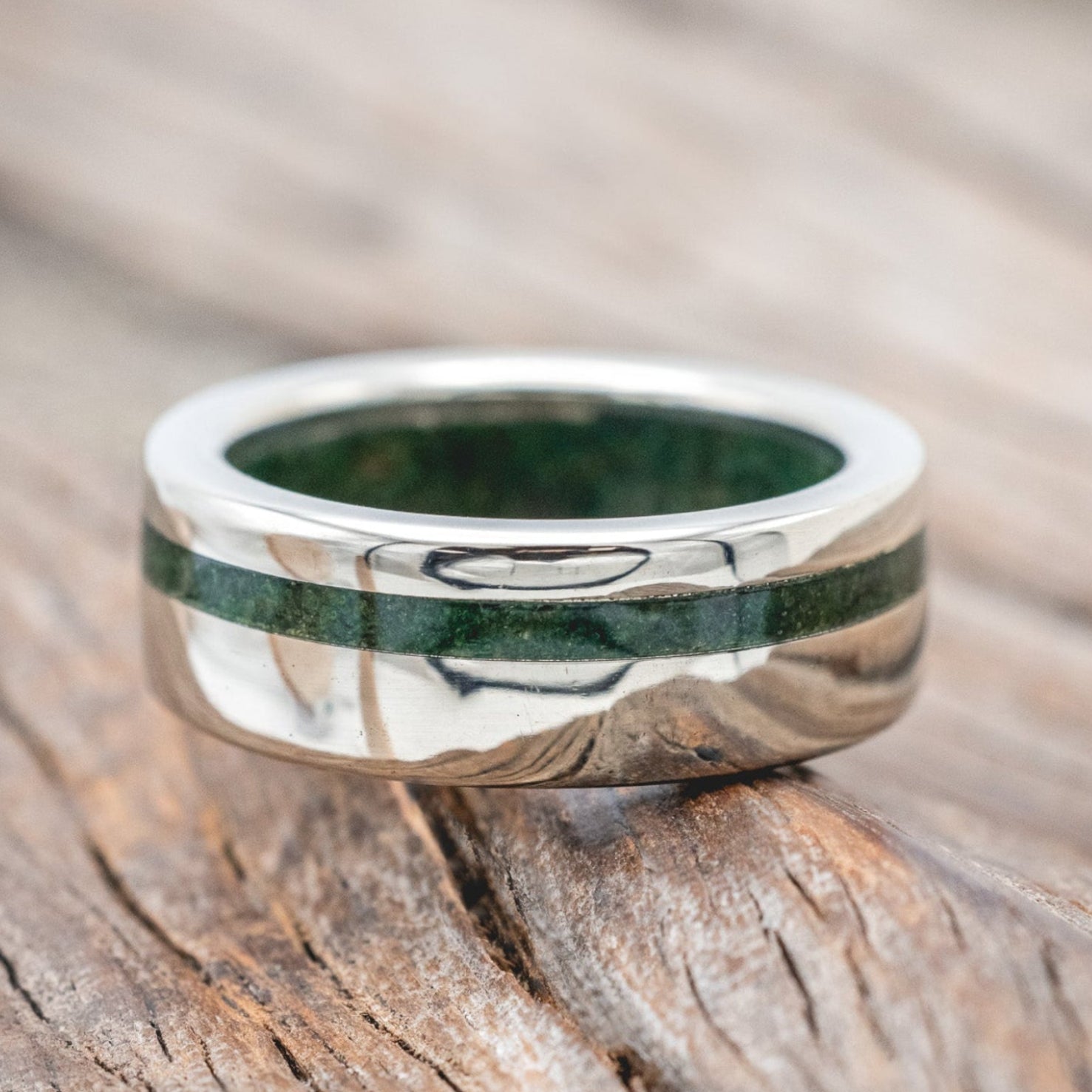 "VERTIGO" - MOSS INLAY & LINING WEDDING RING-Staghead Designs