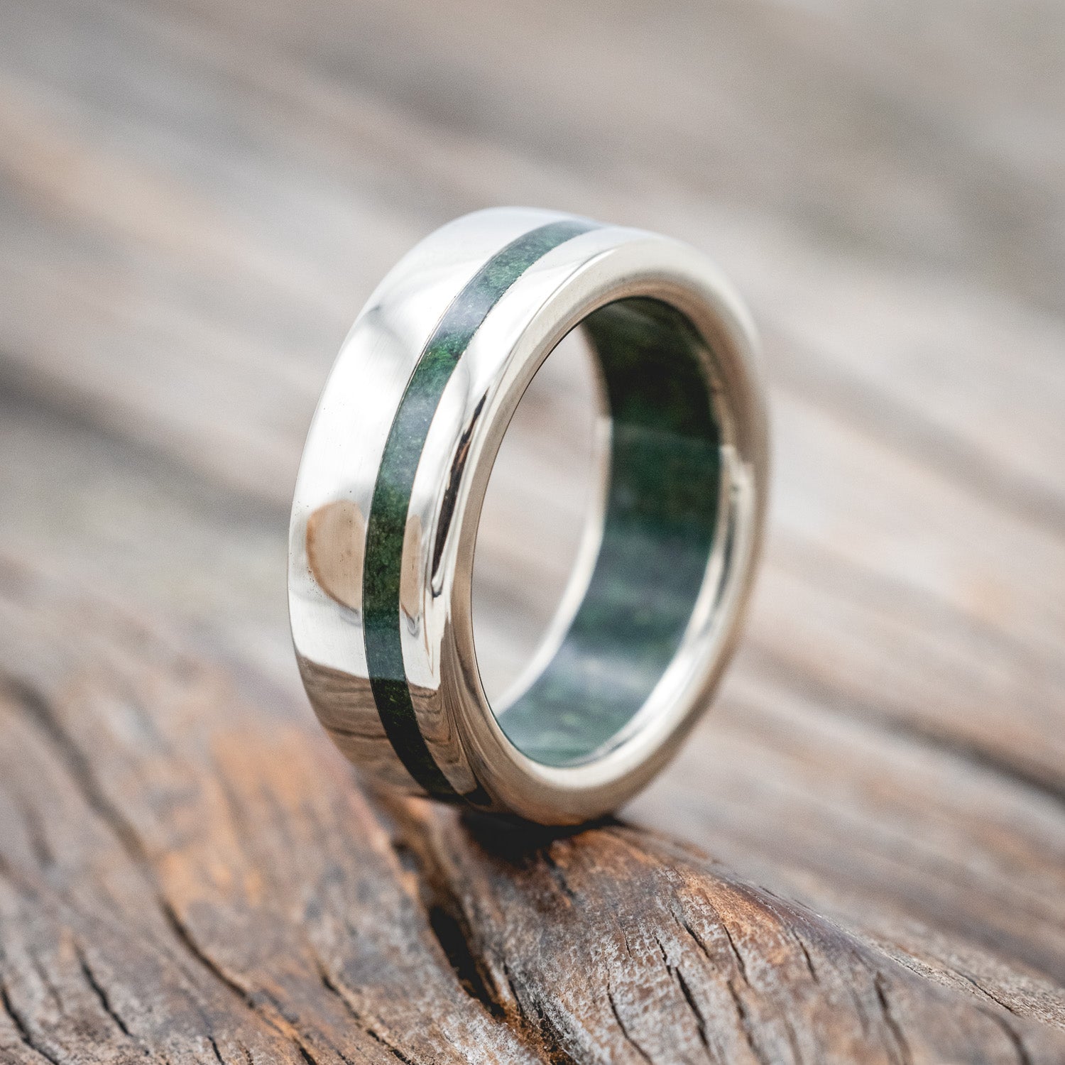 "VERTIGO" - MOSS INLAY & LINING WEDDING RING-Staghead Designs
