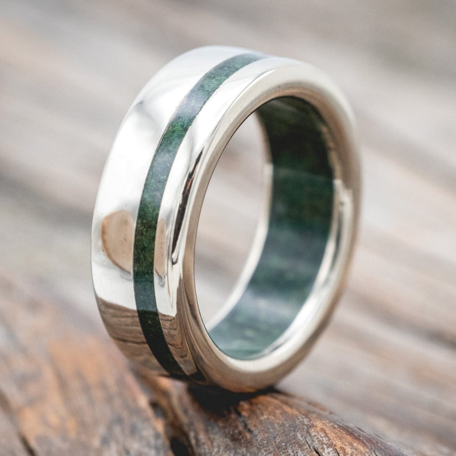 "VERTIGO" - MOSS INLAY & LINING WEDDING RING-Staghead Designs