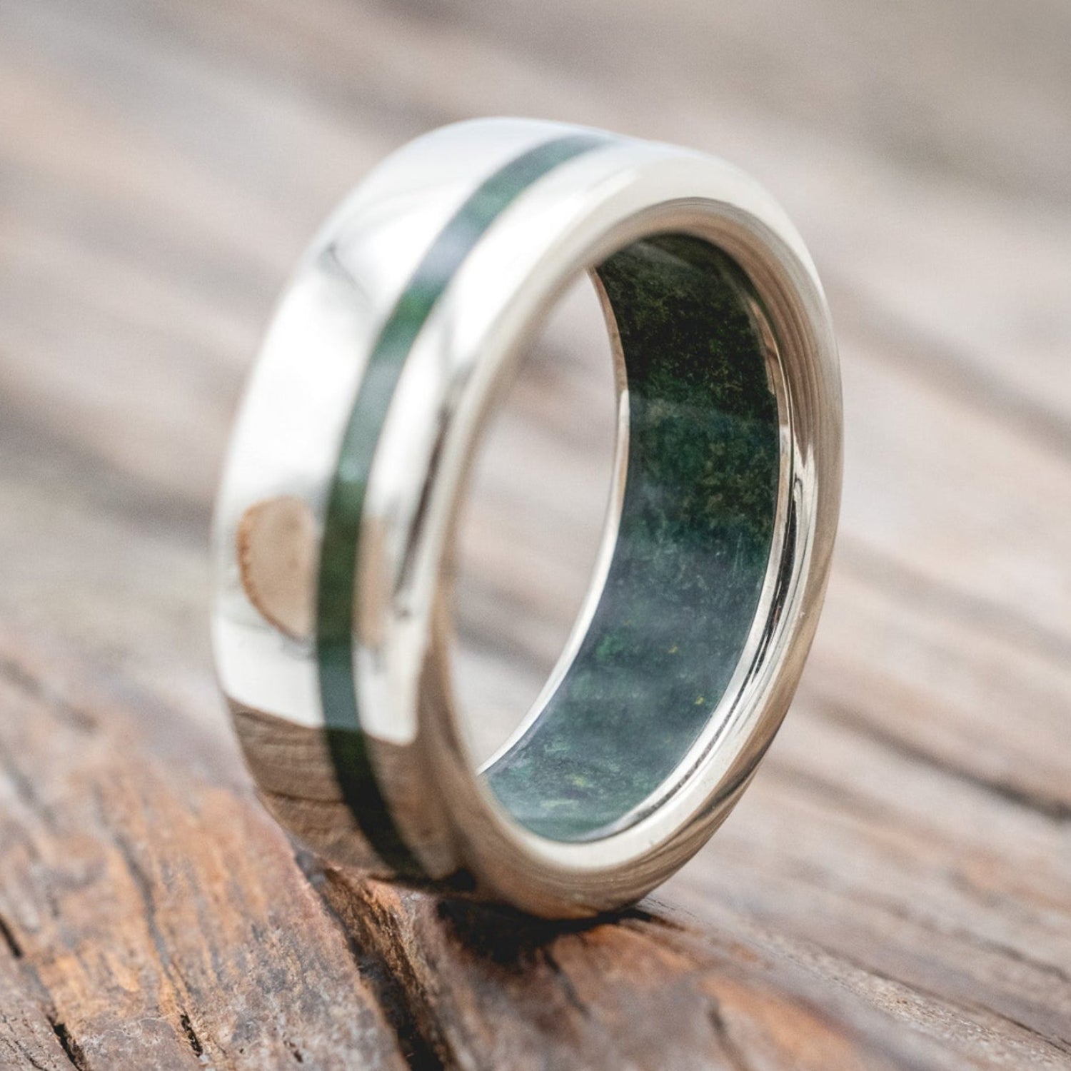 "VERTIGO" - MOSS INLAY & LINING WEDDING RING-Staghead Designs
