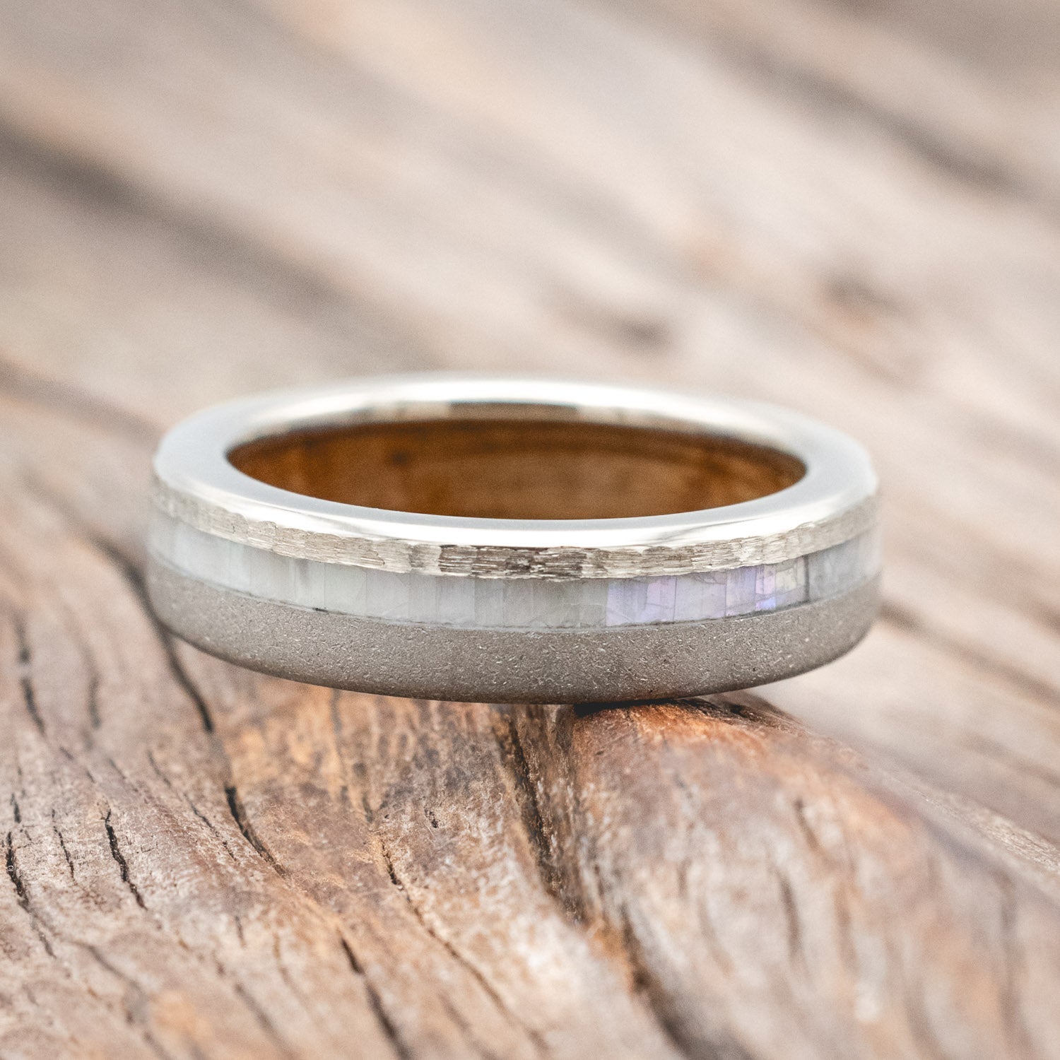"VERTIGO" - MOTHER OF PEARL WEDDING RING WITH WHISKEY BARREL LINING FEATURING A HAMMERED & SANDBLASTED FINISH-Staghead Designs