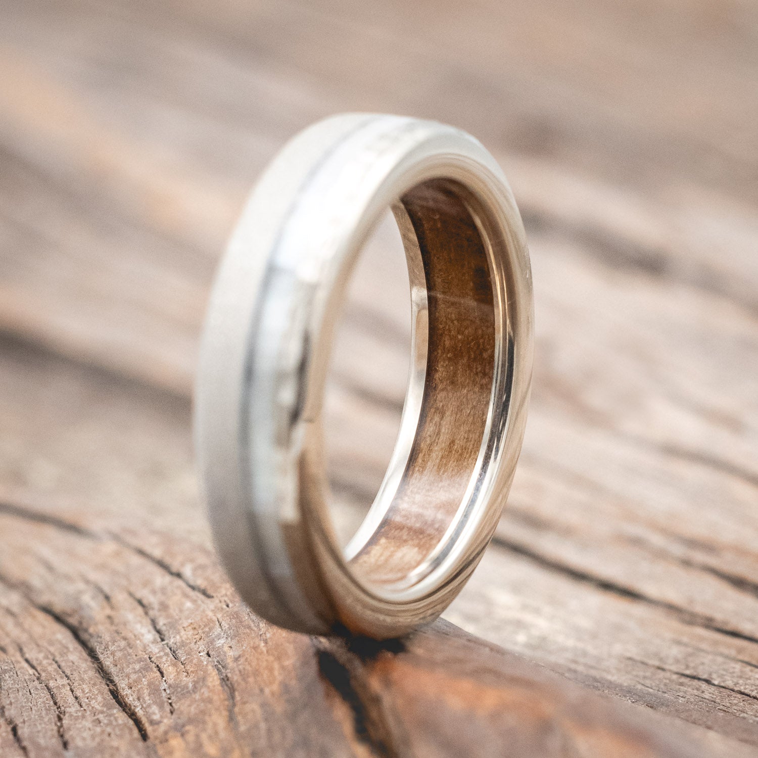 "VERTIGO" - MOTHER OF PEARL WEDDING RING WITH WHISKEY BARREL LINING FEATURING A HAMMERED & SANDBLASTED FINISH-Staghead Designs