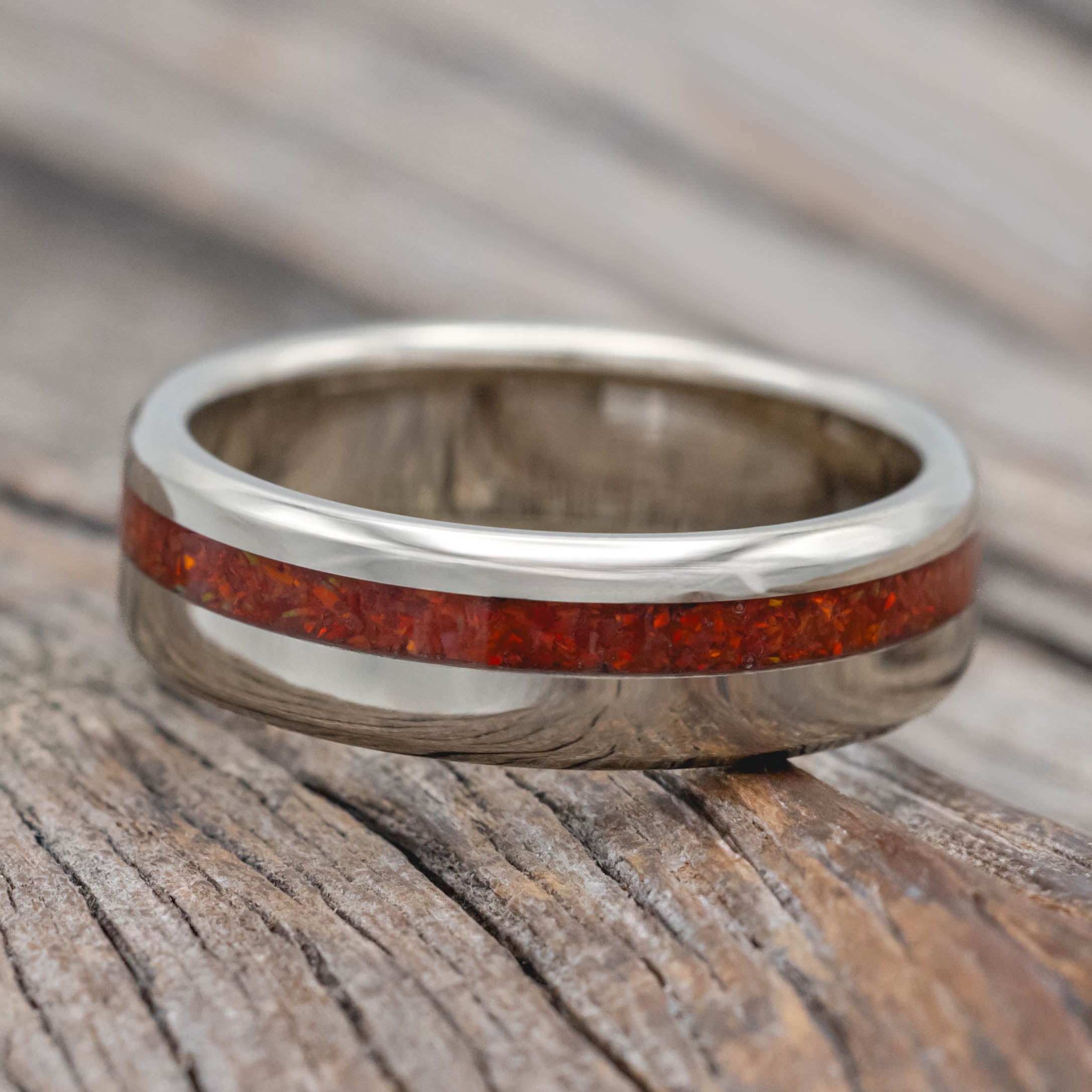 "VERTIGO" - RUBY RED OPAL WEDDING RING-Staghead Designs