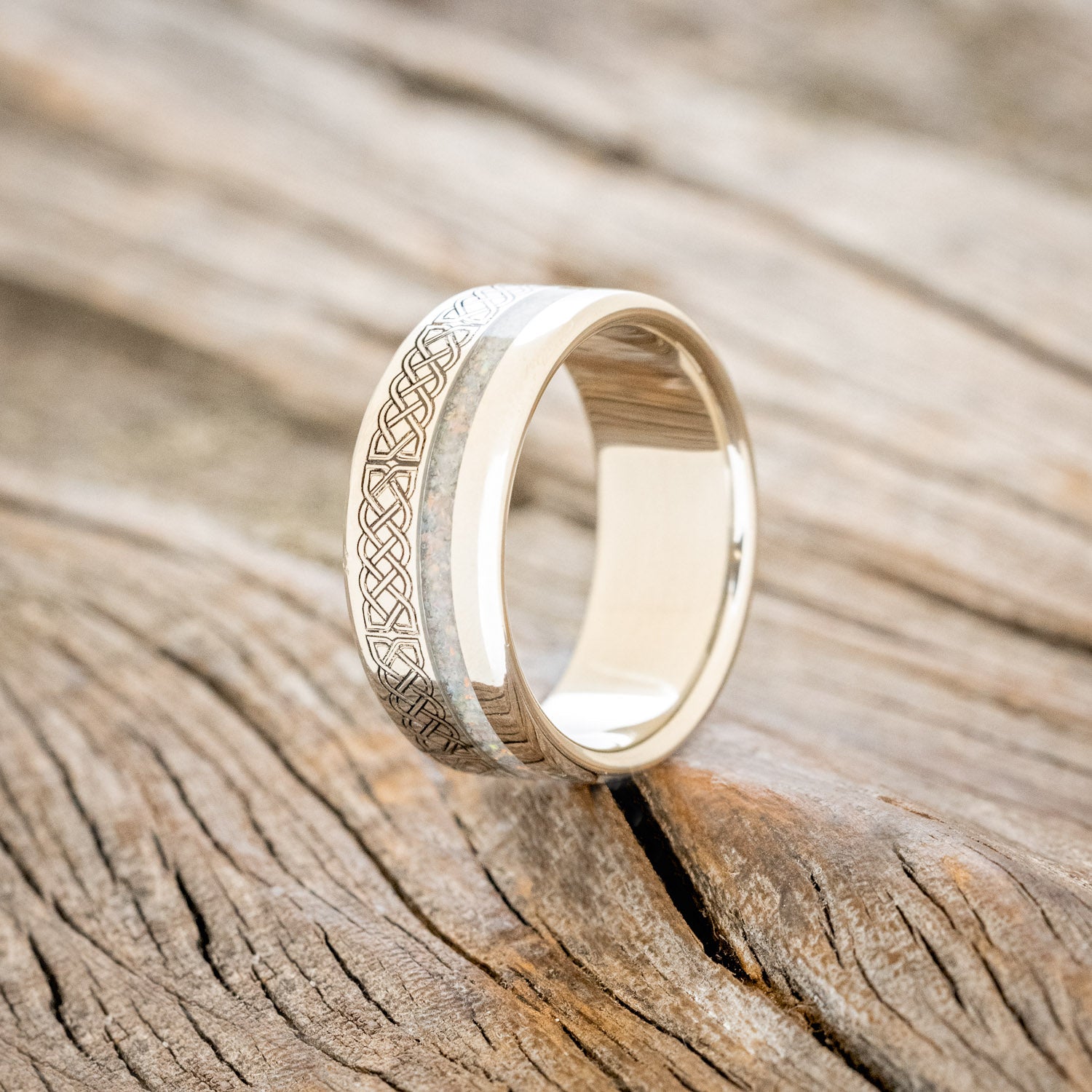 "VERTIGO" - CELTIC SAILOR'S KNOT ENGRAVED WITH FIRE & ICE OPAL WEDDING RING-7