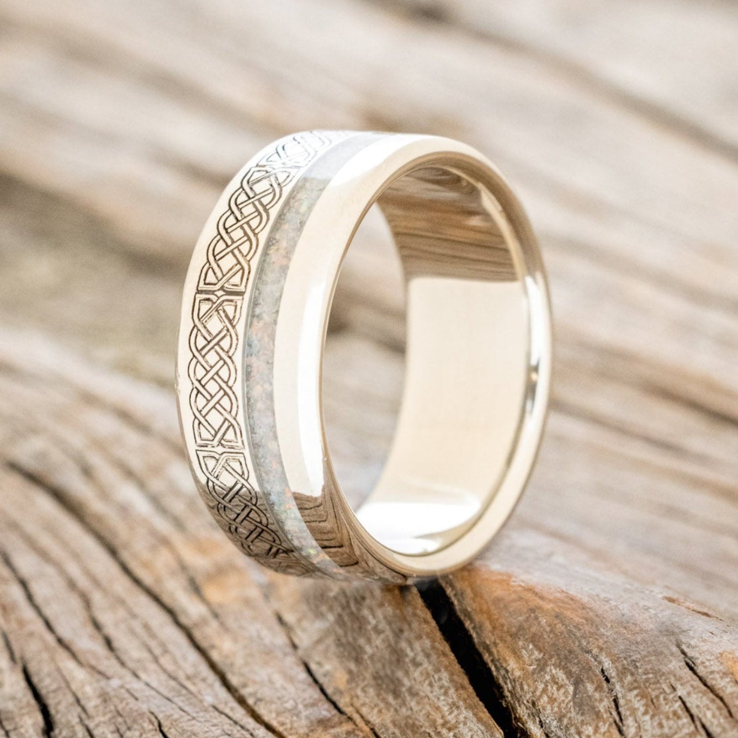 "VERTIGO" - CELTIC SAILOR'S KNOT ENGRAVED WITH FIRE & ICE OPAL WEDDING RING-7