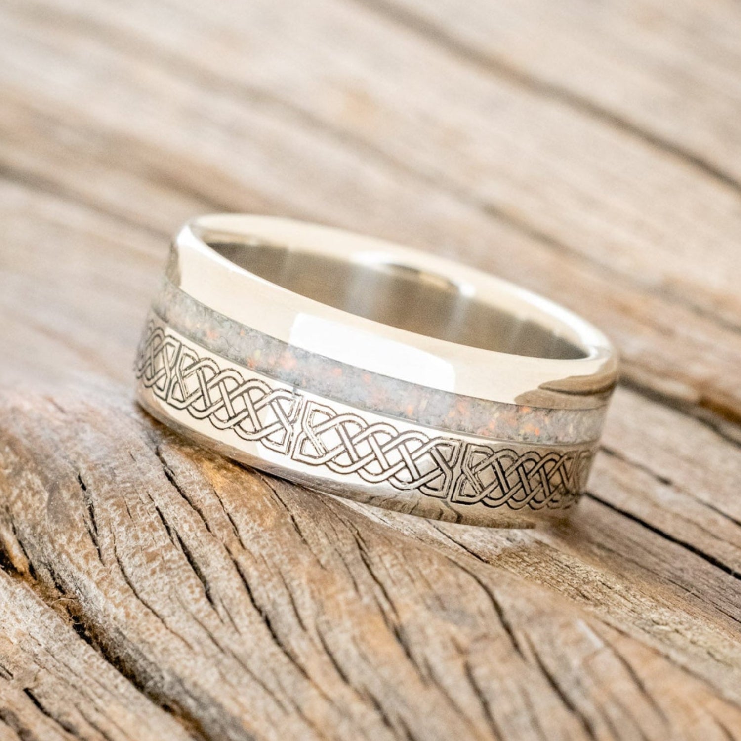 "VERTIGO" - CELTIC SAILOR'S KNOT ENGRAVED WITH FIRE & ICE OPAL WEDDING RING-8
