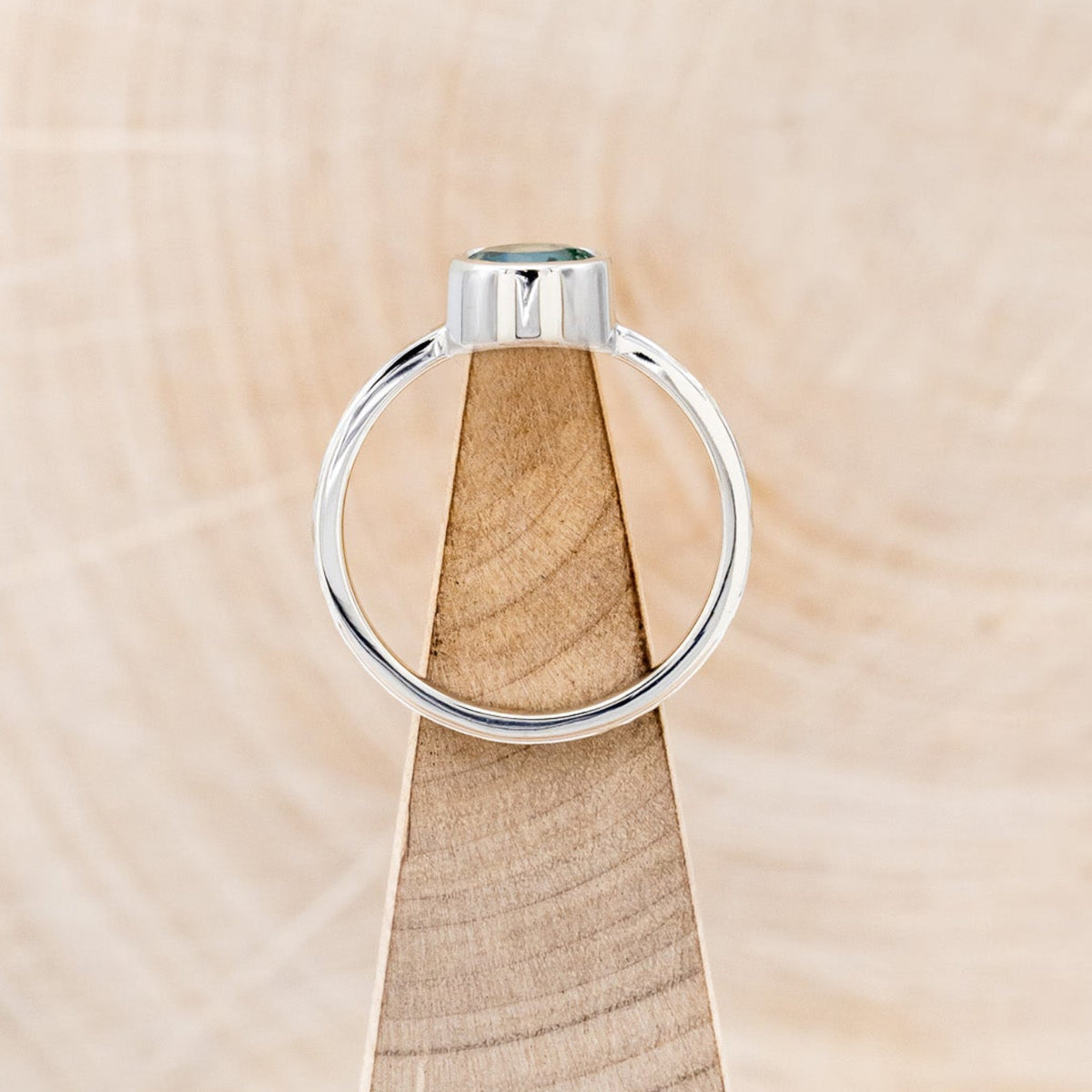 "EVELYN" - BEZEL SET MOSS AGATE SOLITAIRE ENGAGEMENT RING WITH TRACER IN A HAMMERED FINISH-12