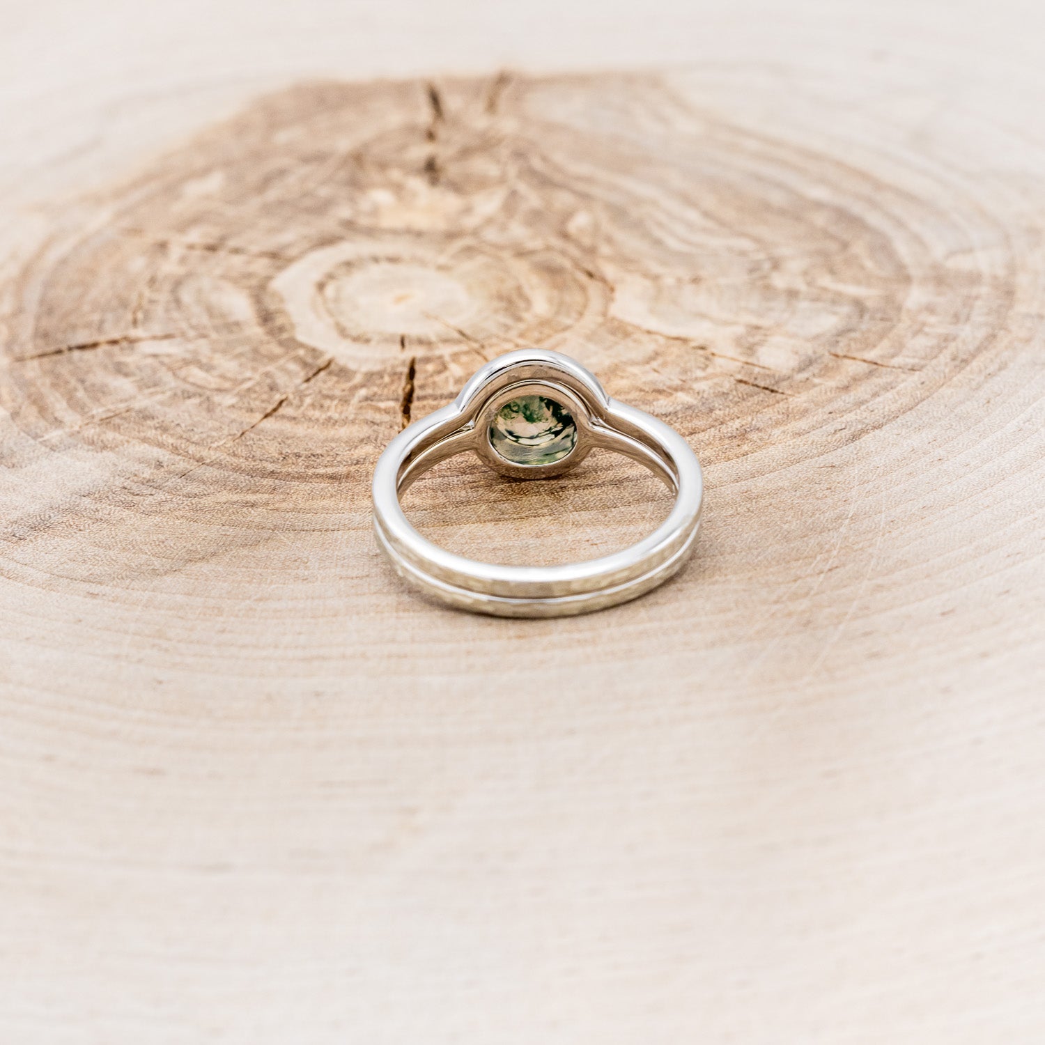 "EVELYN" - BEZEL SET MOSS AGATE SOLITAIRE ENGAGEMENT RING WITH TRACER IN A HAMMERED FINISH-5