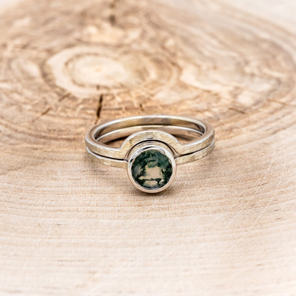 "EVELYN" - BEZEL SET MOSS AGATE SOLITAIRE ENGAGEMENT RING WITH TRACER IN A HAMMERED FINISH-4