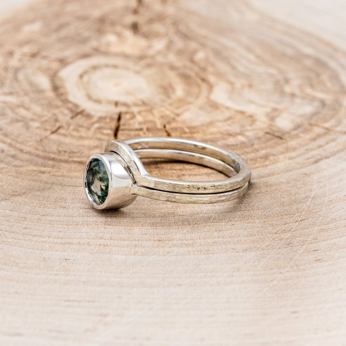 "EVELYN" - BEZEL SET MOSS AGATE SOLITAIRE ENGAGEMENT RING WITH TRACER IN A HAMMERED FINISH-3
