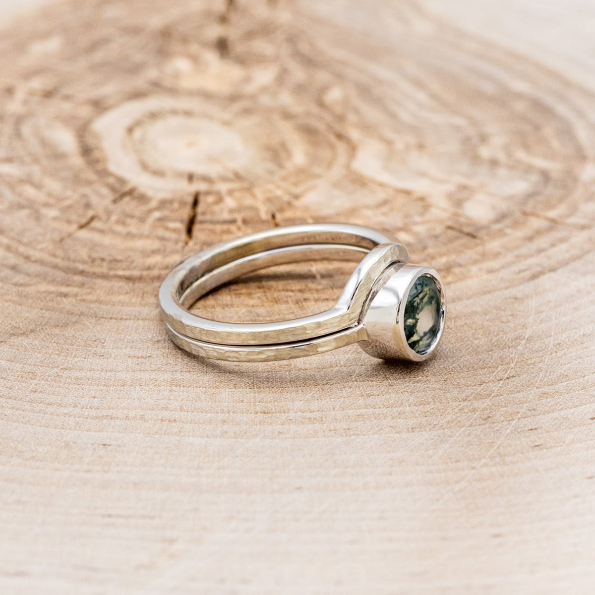 "EVELYN" - BEZEL SET MOSS AGATE SOLITAIRE ENGAGEMENT RING WITH TRACER IN A HAMMERED FINISH-2
