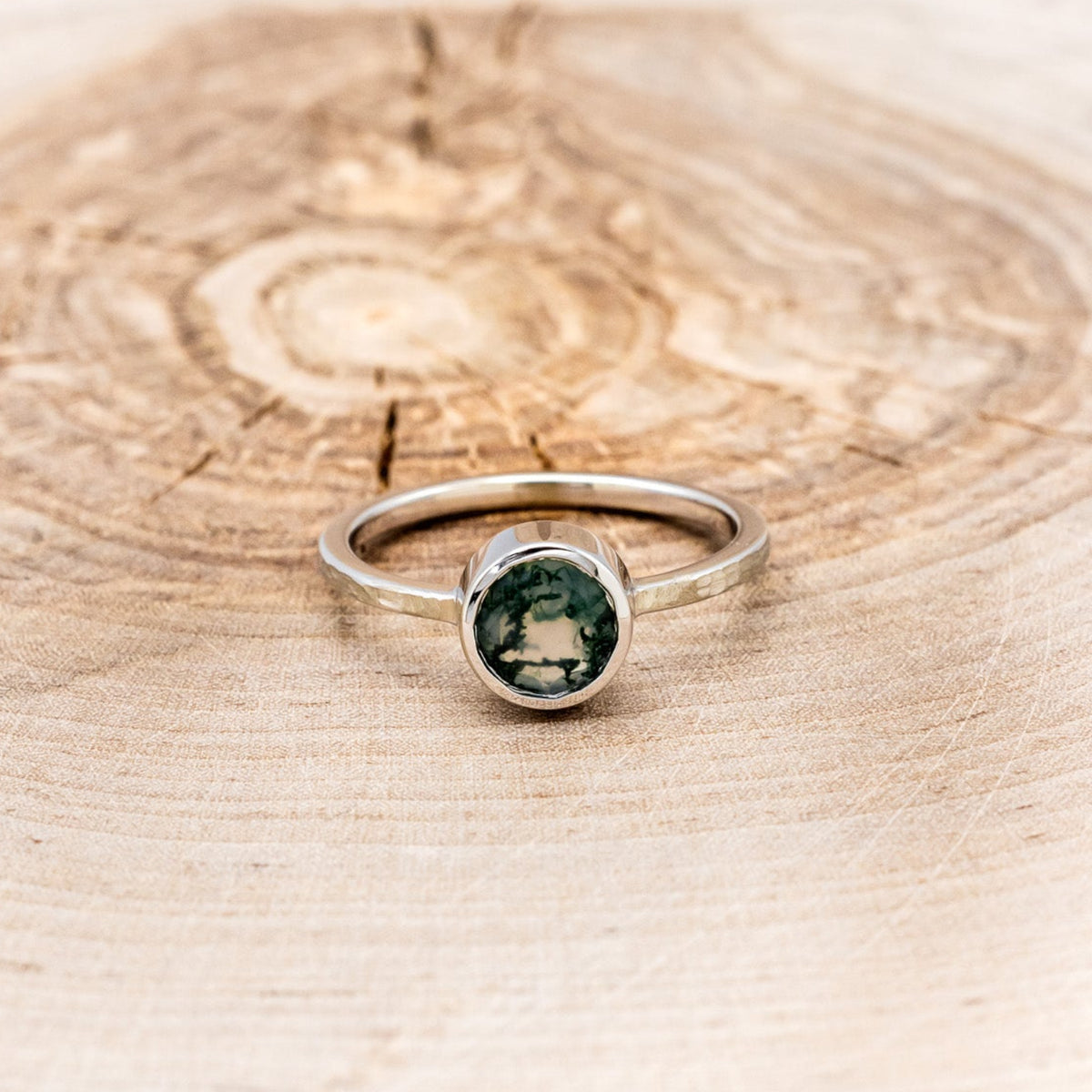 "EVELYN" - BEZEL SET MOSS AGATE SOLITAIRE ENGAGEMENT RING WITH TRACER IN A HAMMERED FINISH-10
