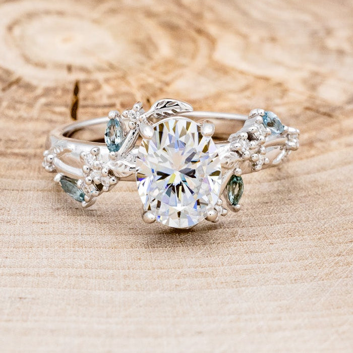 "PALLAS" - OVAL CUT MOISSANITE ENGAGEMENT RING WITH LEAF & GREEN TOURMALINE ACCENTS-Staghead Designs