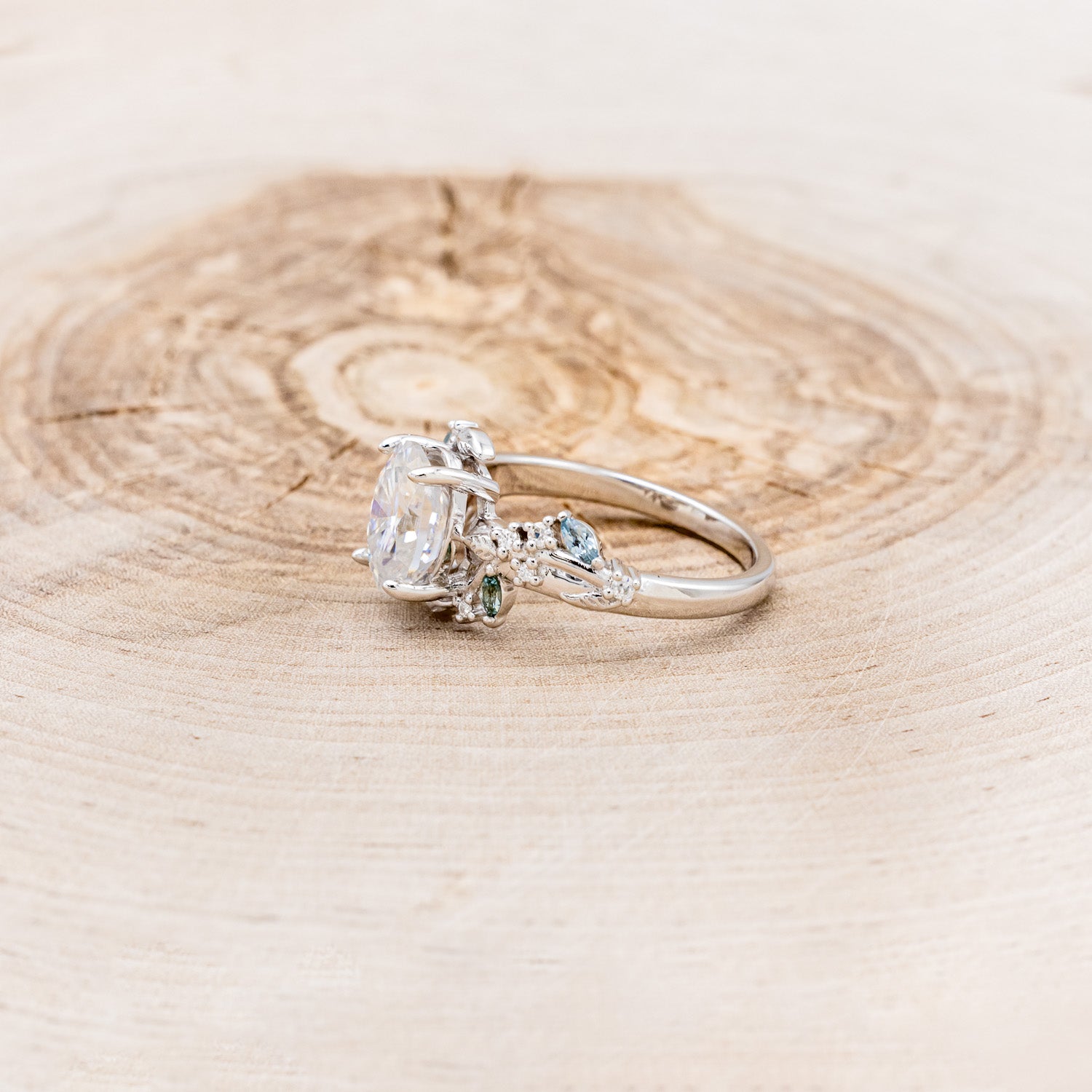 "PALLAS" - OVAL CUT MOISSANITE ENGAGEMENT RING WITH LEAF & GREEN TOURMALINE ACCENTS-Staghead Designs