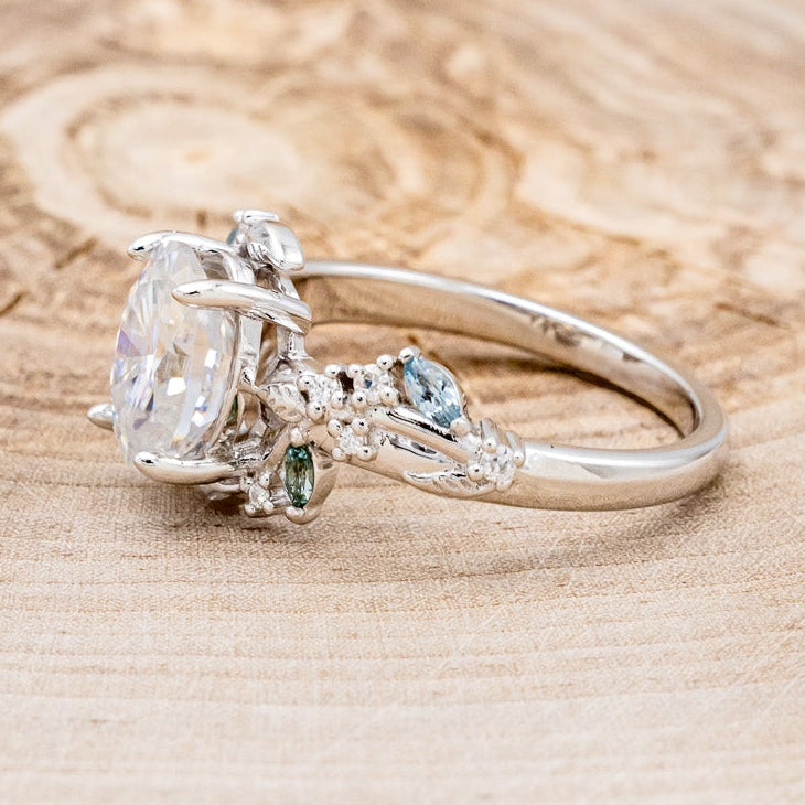 "PALLAS" - OVAL CUT MOISSANITE ENGAGEMENT RING WITH LEAF & GREEN TOURMALINE ACCENTS-Staghead Designs