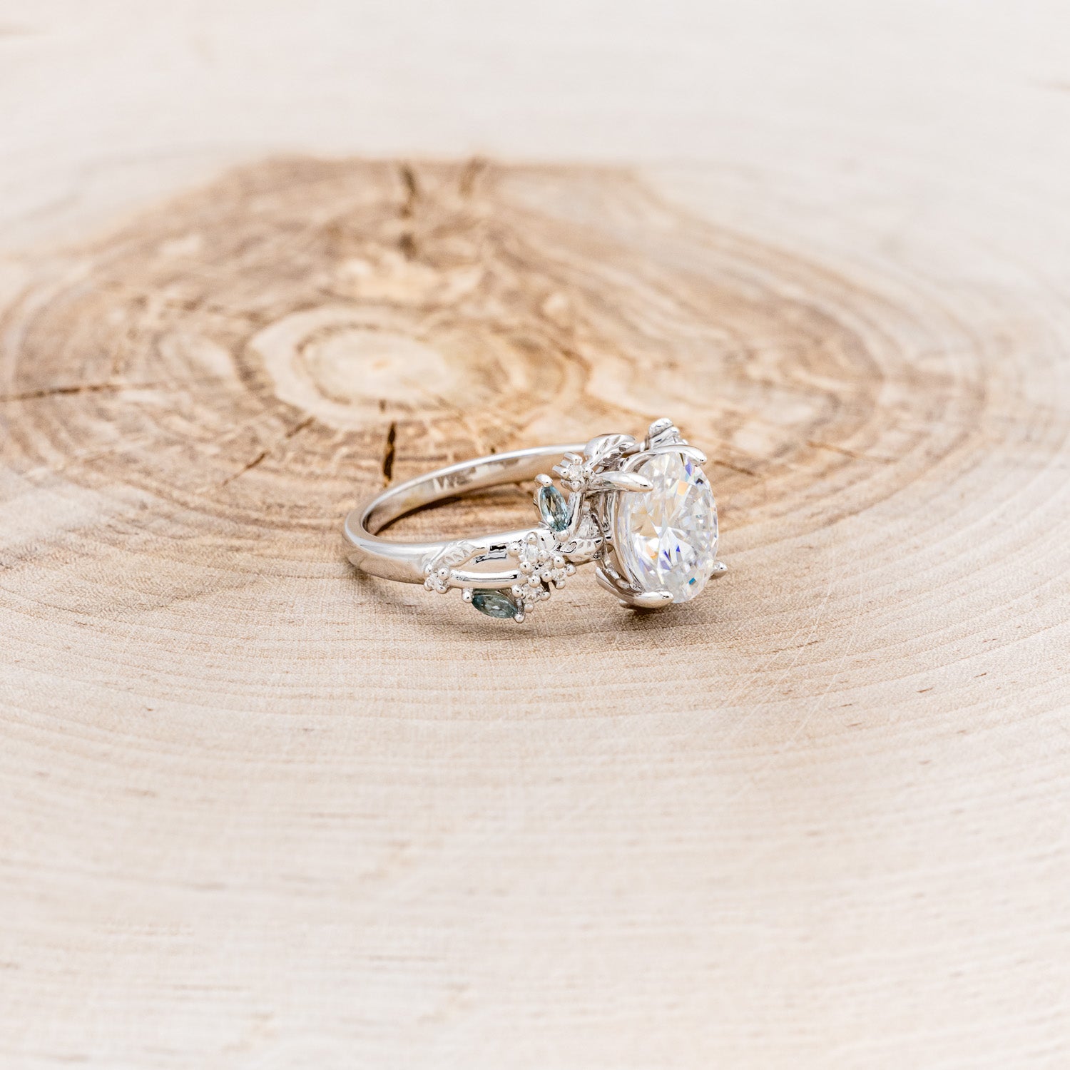 "PALLAS" - OVAL CUT MOISSANITE ENGAGEMENT RING WITH LEAF & GREEN TOURMALINE ACCENTS-Staghead Designs